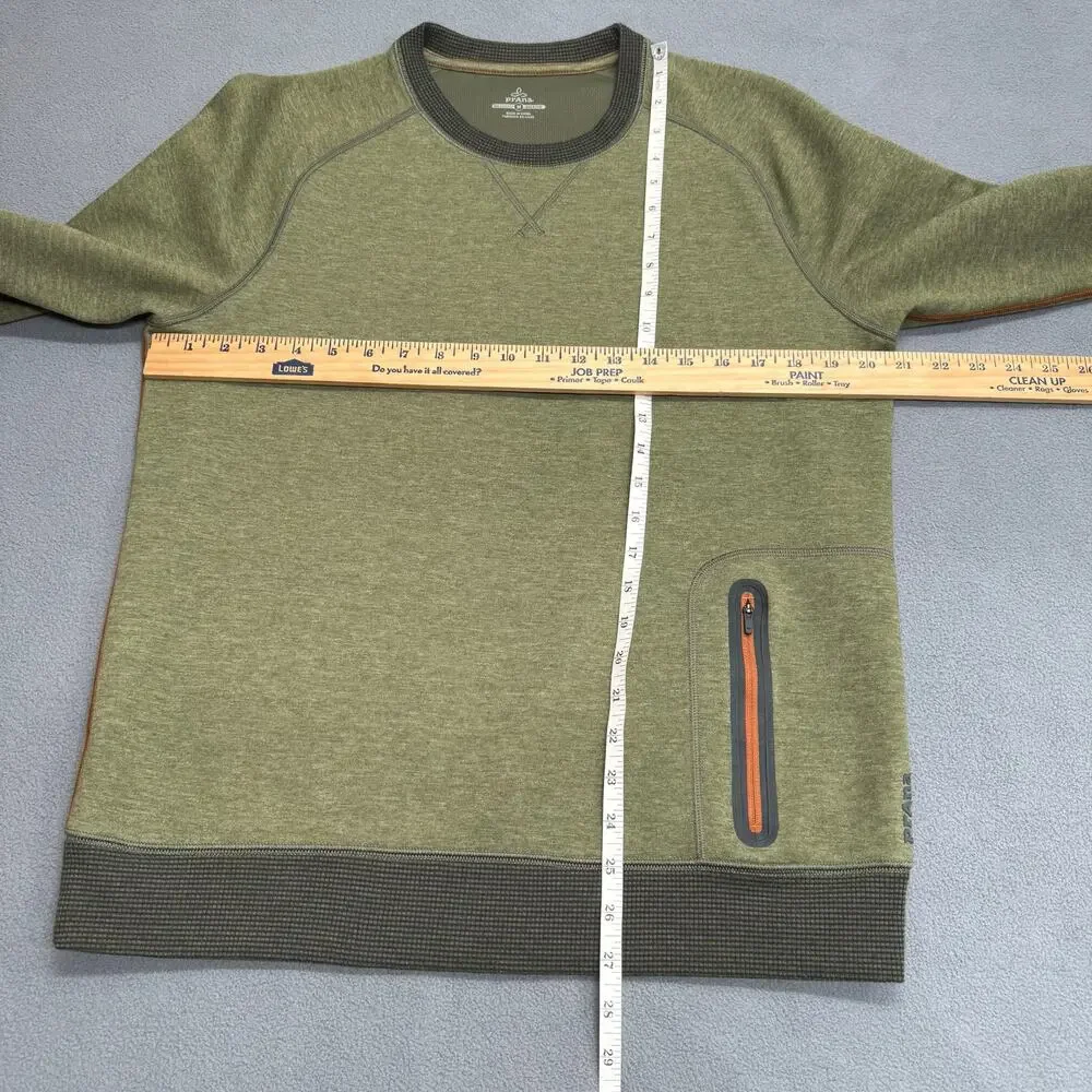 Prana Halgren Pullover Long Sleeve Crew Mens M Cargo Green Heather Zipper Pocket